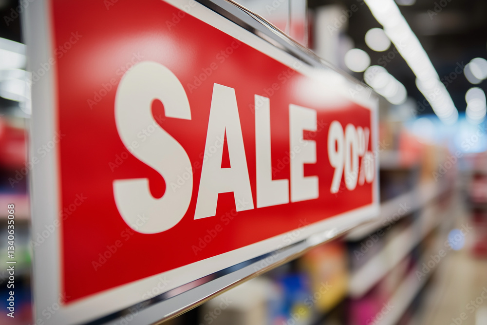 Poster red sign with the word sale 90% on it hangs in a store. the sign is hanging from the ceiling and is 