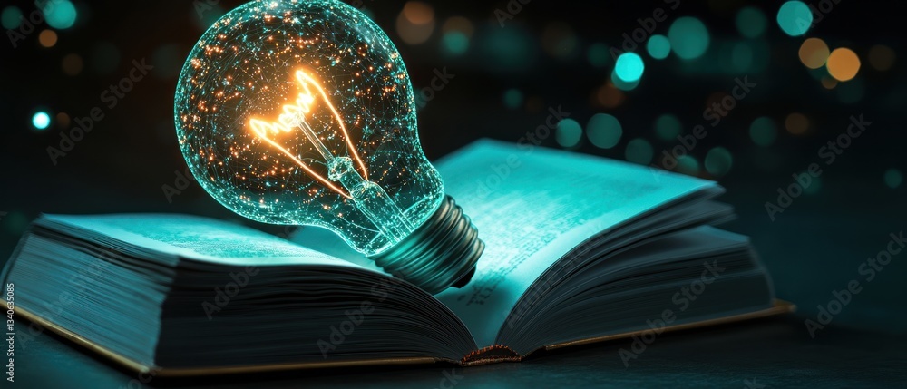 Poster illuminating ideas: knowledge glows from the pages of an open book