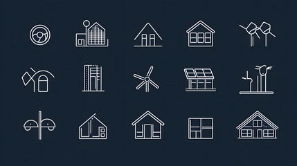 A set of minimalist icons representing eco-architecture and energy efficiency, including solar panels, wind turbines, green buildings, and sustainable materials for a modern and environmentally consci