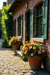 Fototapeta premium Rustic brick colonial, overflowing flower boxes , historic, garden
