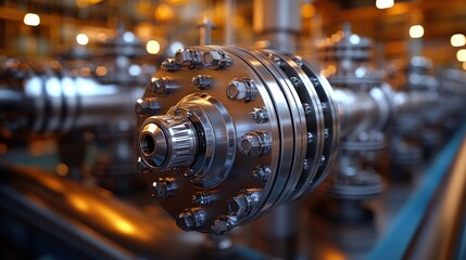 Obraz premium Industrial Machinery Close-up: Metal Flange and Pipes in a Factory Setting