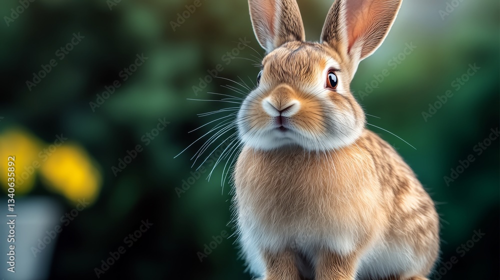 Poster rabbit is standing in front of a green background. the rabbit is looking at the camera with a curiou