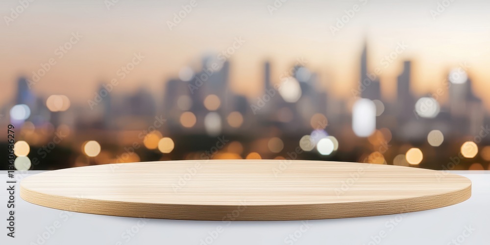 Poster a wooden surface with a blurred city skyline in the background, creating a warm and inviting atmosph