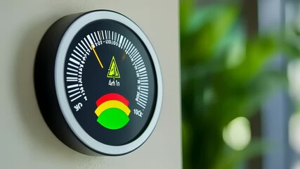 Modern indoor air quality monitor displaying levels with warning signal and green indicator