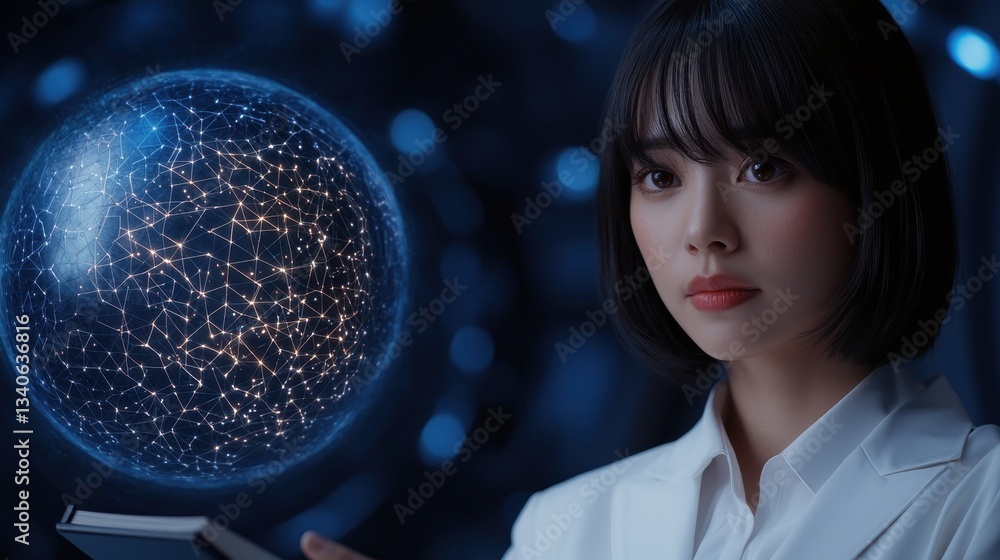Poster A woman in a lab coat examines a glowing sphere filled with interconnected points of light, symbolizing data or connections in a high-tech environment.