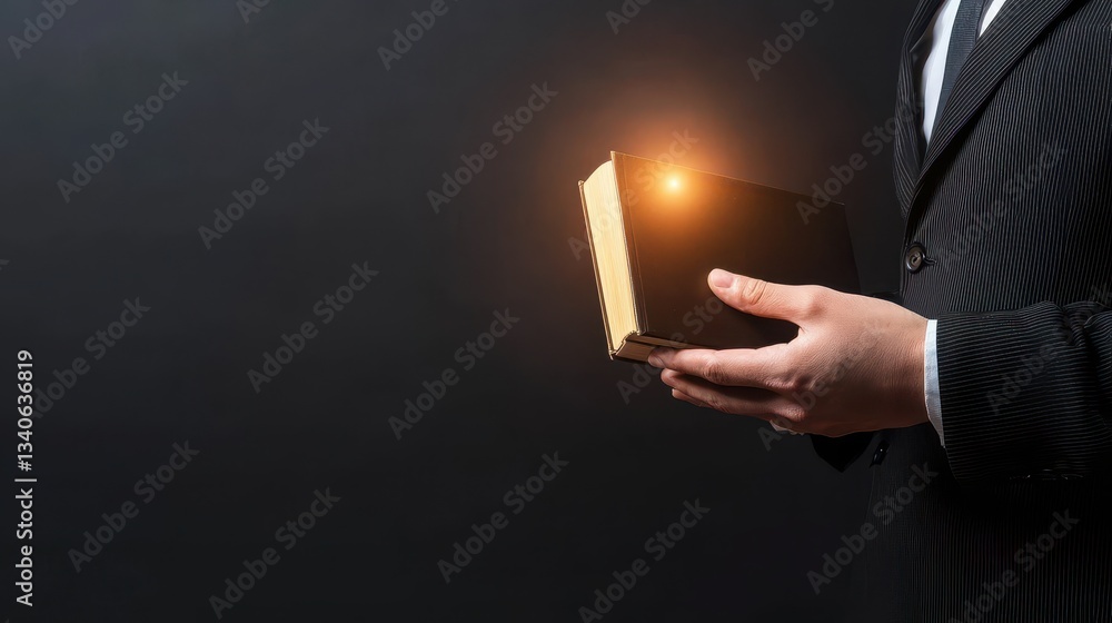 Poster a man in a suit holds an illuminated book against a dark background, suggesting themes of knowledge 