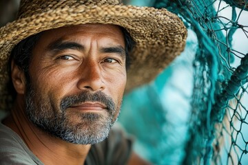 Portrait of a Pacific Islander Man in a Straw Hat by Fishing Nets with Intense Expression