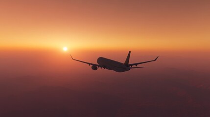 Sunset Flight: Airplane Silhouette at Golden Hour