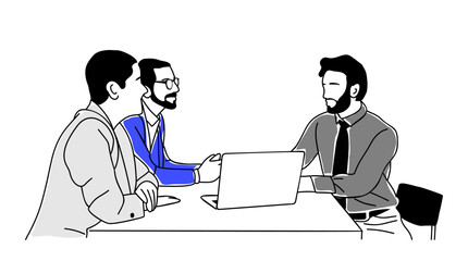 Financial advisor meeting with couple clients. Personal investment management, finance agent, money consultant. Outline, linear, thin line graphic vector illustration on transparent background.