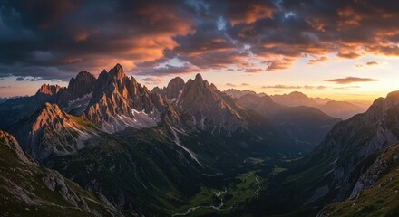 Captivating sunset over the majestic Dolomites mountain range, featuring stunning peaks and vibrant skies.