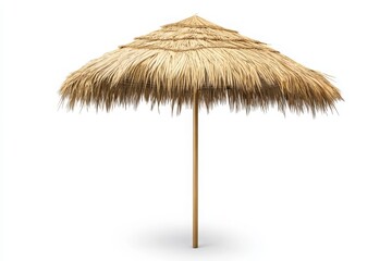 Straw beach umbrella isolated on white or white background.
