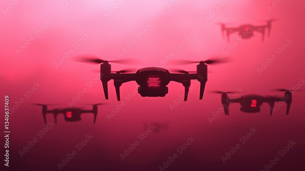 Poster a group of drones flying through a pink foggy atmosphere, showcasing a futuristic and mysterious sce