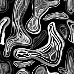 Seamless pattern with watercolor drawn curved geometric shapes. Abstract playful geometric background with bionic forms in artistic paint streaks.  Design for covers, packaging, textile. Watery lines 