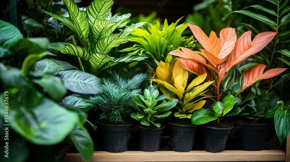 Poster row of potted plants with different colors and sizes. the plants are arranged in a way that creates 