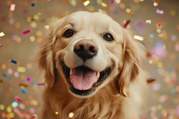 Happy golden retriever surrounded by colorful confetti in a festive celebration setting