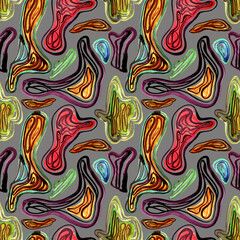 Seamless pattern with watercolor drawn curved geometric shapes. Abstract playful geometric background with bionic forms in artistic paint streaks.  Design for covers, packaging, textile. Watery lines 