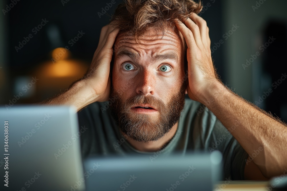 Poster man with a beard is looking at a laptop computer with a surprised expression on his face. he is hold