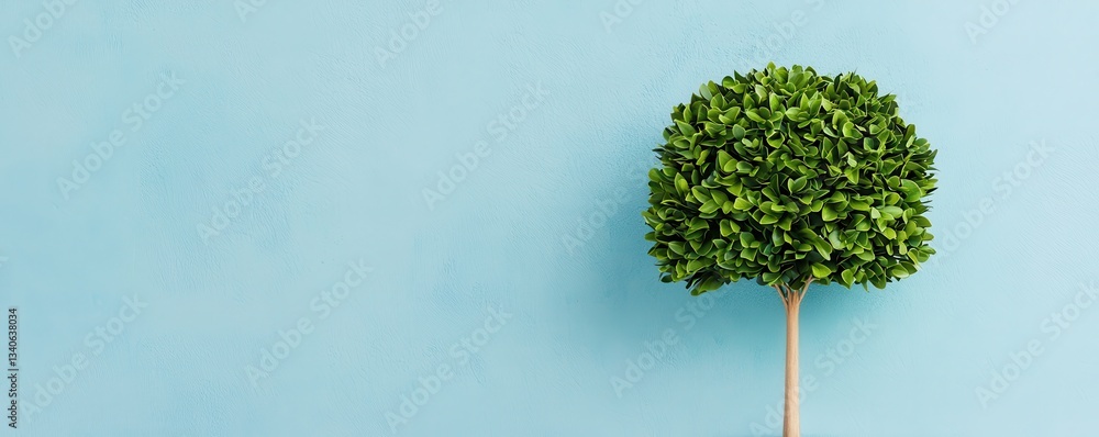 Poster a small, lush green tree stands against a light blue wall, creating a vibrant and calming visual con