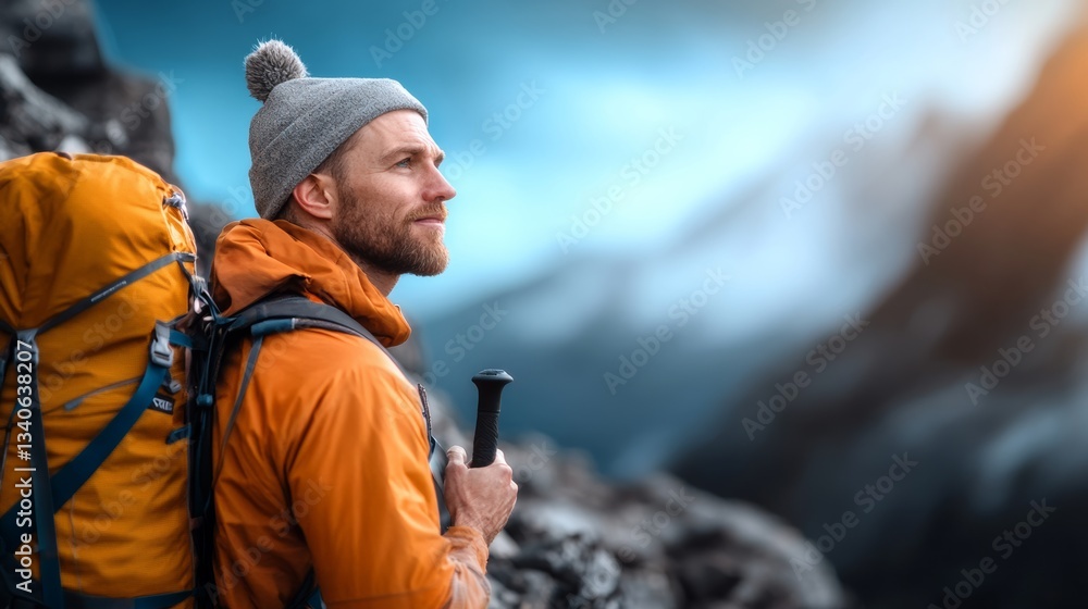 Poster man wearing a red jacket and a hat is standing on a mountain. he is smiling and holding a walking st
