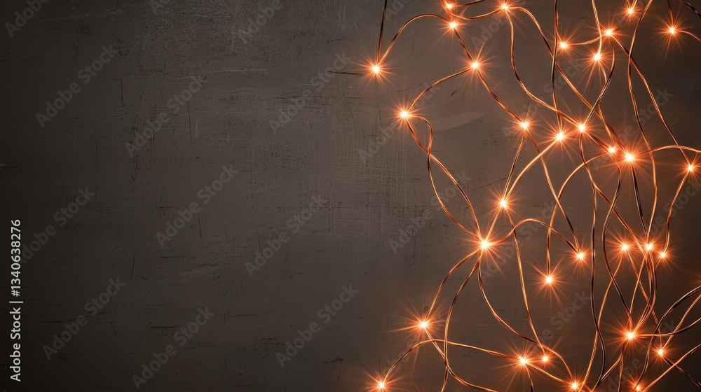 Poster a close-up of warm, glowing string lights against a textured dark background, creating a cozy and in