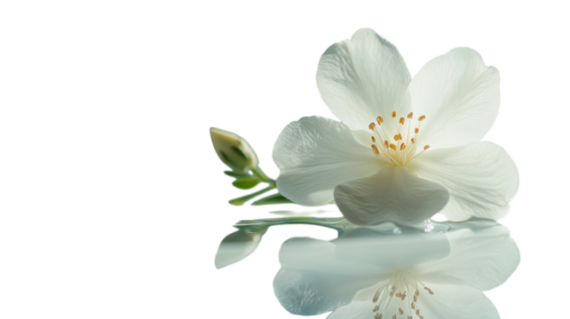 Delicate white flower reflected on serene water surface in soft natural light
