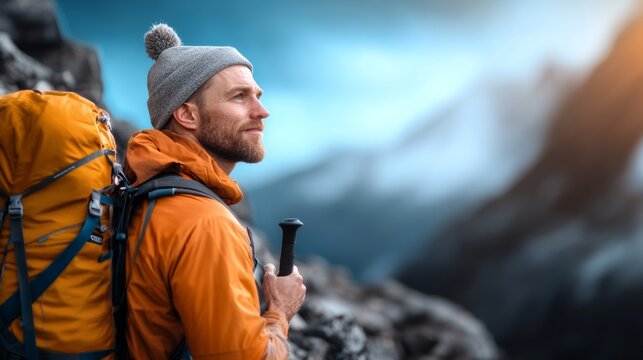 Man wearing a red jacket and a hat is standing on a mountain. He is smiling and holding a walking stick