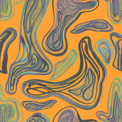 Seamless pattern with watercolor drawn curved geometric shapes. Abstract playful geometric background with bionic forms in artistic paint streaks.  Design for covers, packaging, textile. Watery lines 