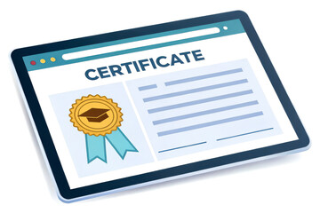 A digital certificate displayed on a tablet, featuring a seal and text, symbolizing achievement or completion of a course.