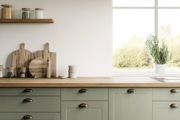 Rustic Kitchen Interior Design Sage Green Cabinets & Wooden Countertop