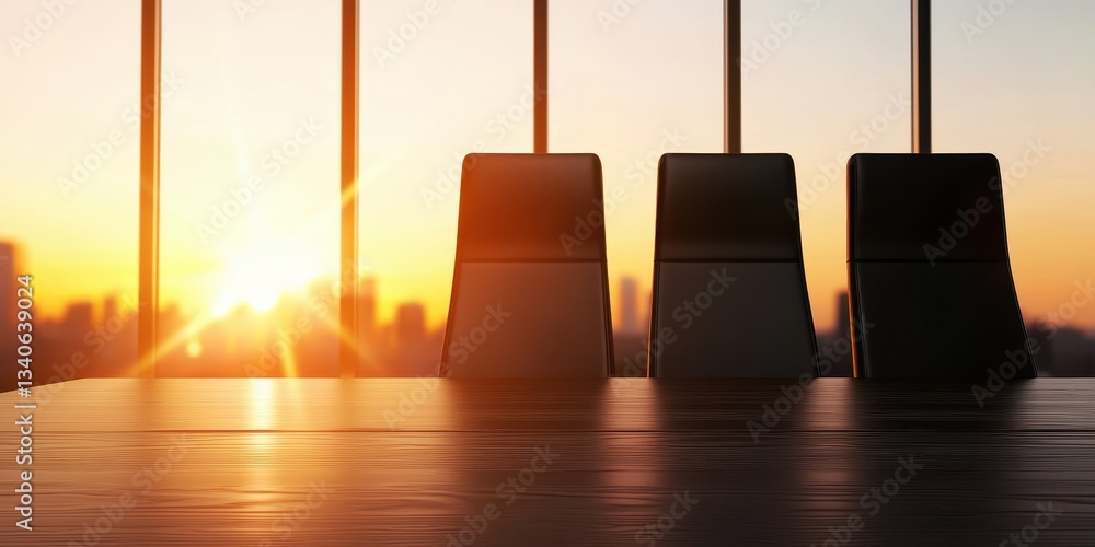 Poster a serene sunset view with silhouettes of modern chairs, creating a calm and reflective atmosphere.