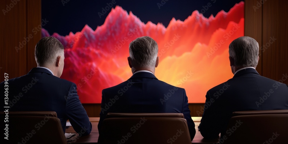 Aufkleber three individuals in suits gaze at a vibrant, abstract screen, creating a scene of intrigue and cont