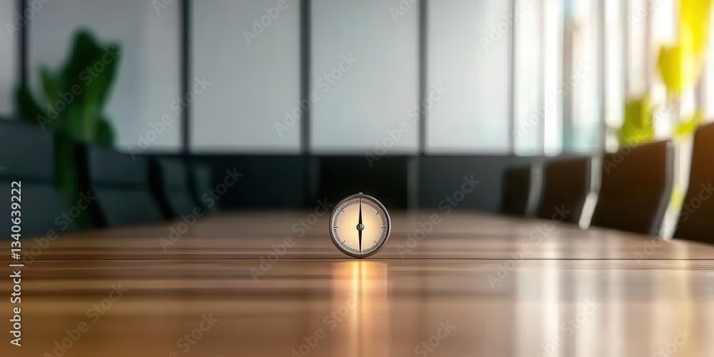 Poster a close-up of a compass resting on a wooden table in a modern office setting, surrounded by greenery