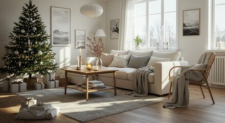 Cozy Christmas Living Room with Decorated Tree and Natural Light