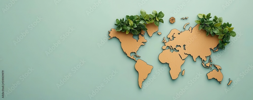 Poster A world map design featuring greenery, symbolizing the connection between nature and geography on a soft blue background.