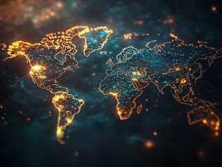 Fototapeta premium Illuminated world map animation global connectivity digital art cyber environment aerial view fiber optic network