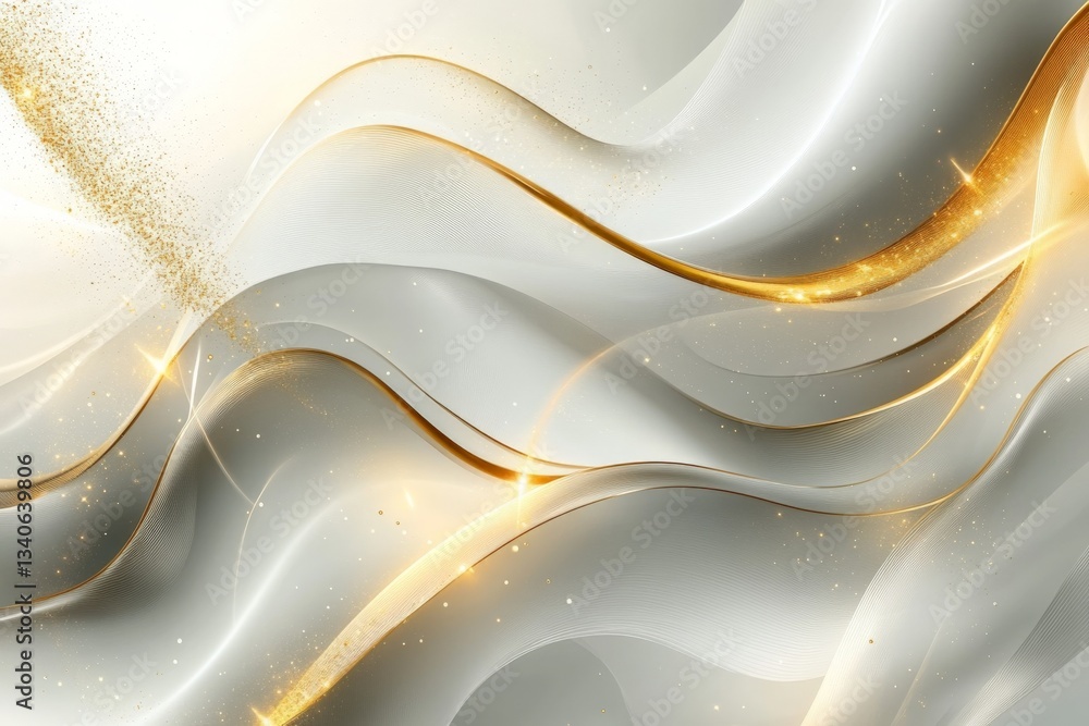Poster Soft golden waves flow gracefully across a white background, creating a calming and elegant texture in a modern design