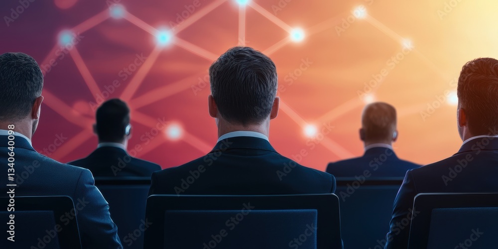 Poster a group of professionals attentively watching a presentation, with a colorful digital background ill