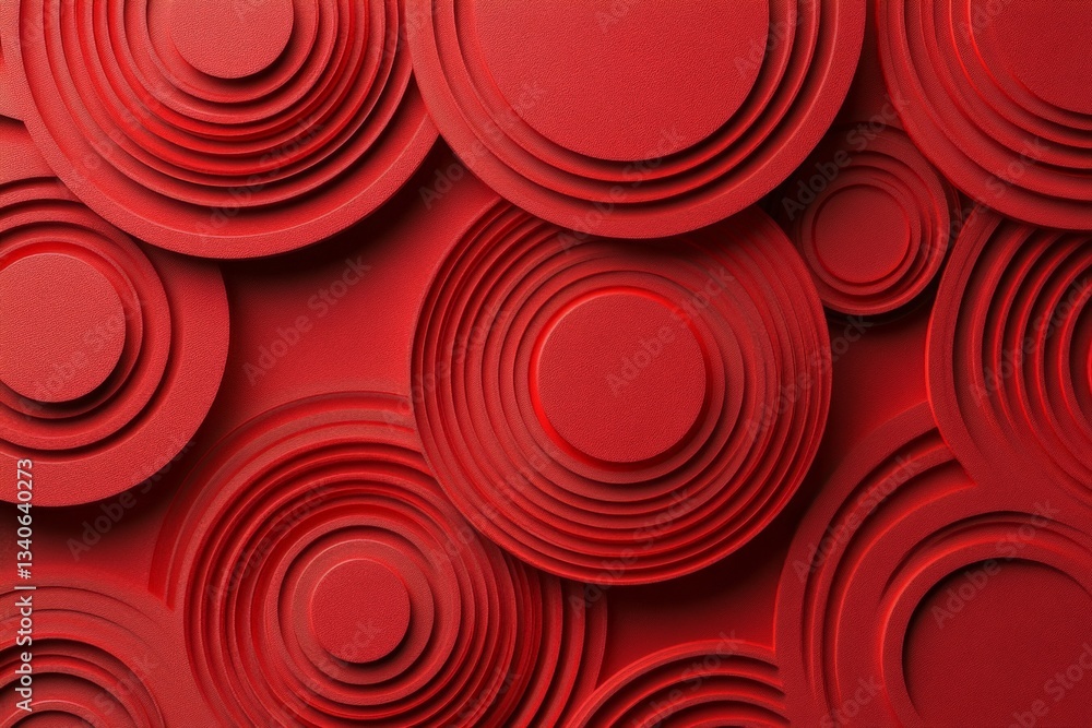 Poster Decorative red circular design featuring layered shapes on a textured surface in a modern interior setting
