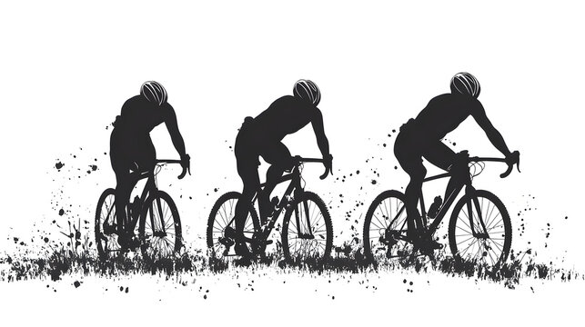 Three cyclists ride their bikes in silhouette, kicking up dirt in a race or competition. - Powered by Adobe