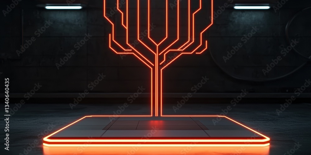 Poster a glowing neon tree design on a sleek platform in a modern, dark environment, emphasizing a blend of