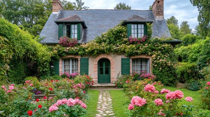 Charming cottage with lush rose garden and ivy-covered walls in serene countryside