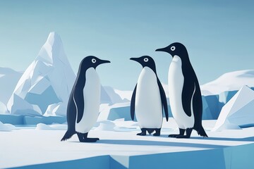 Fototapeta premium Three penguins gather on a snow-covered landscape under a clear sky in a polar region