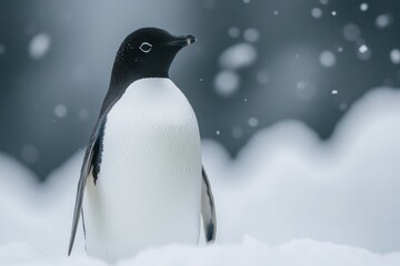 Obraz premium Adélie penguin stands amidst falling snow in a serene Antarctic landscape during winter months