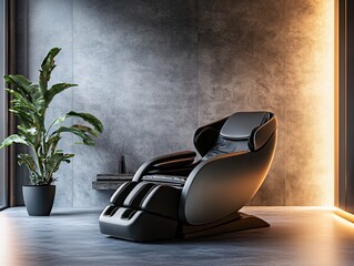 High-tech massage chair experience in modern living room relaxation and comfort contemporary design interior view