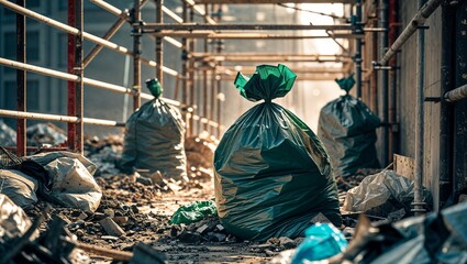 Garbage bags on a construction site, depicting waste management in an industrial setting