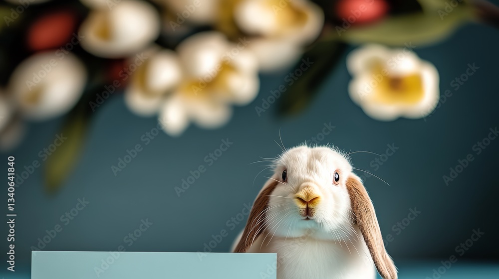 Poster rabbit is standing in front of a white board. the rabbit is looking at the camera with a curious exp