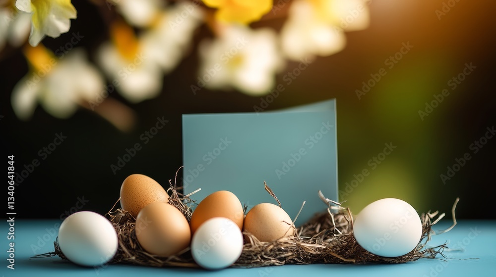 Poster blue sign sits on top of a nest of eggs. the sign is blank, but the eggs are arranged in a way that 