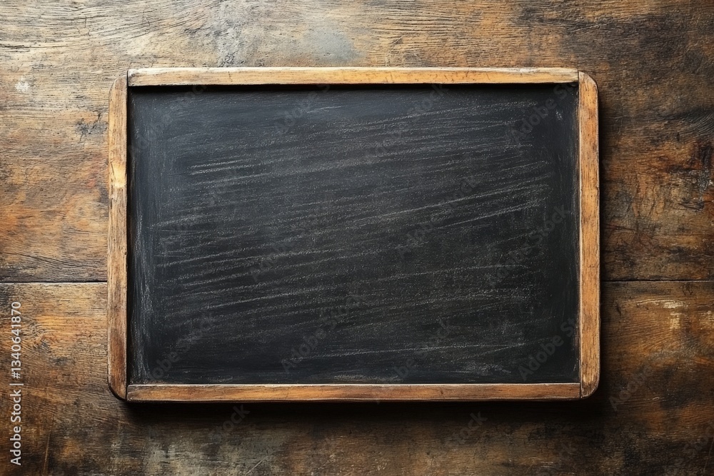 Poster empty chalkboard on rustic wooden table ready for lessons or creative writing in a classroom or home