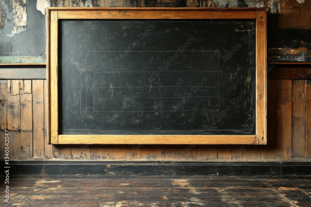 Poster rustic classroom with empty chalkboard and wooden walls in an old building