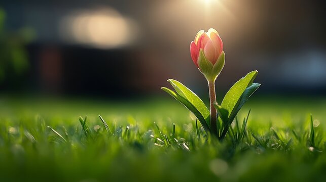 Small red flower is growing in a field of green grass. The flower is surrounded by the grass, and the sunlight is shining on it, making it look like it's glowing